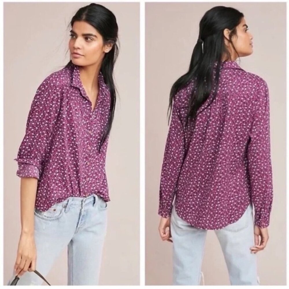 Anthropologie Maeve Floral Button up Long Sleeve Collared Shirt Cotton/Rayon Sz0